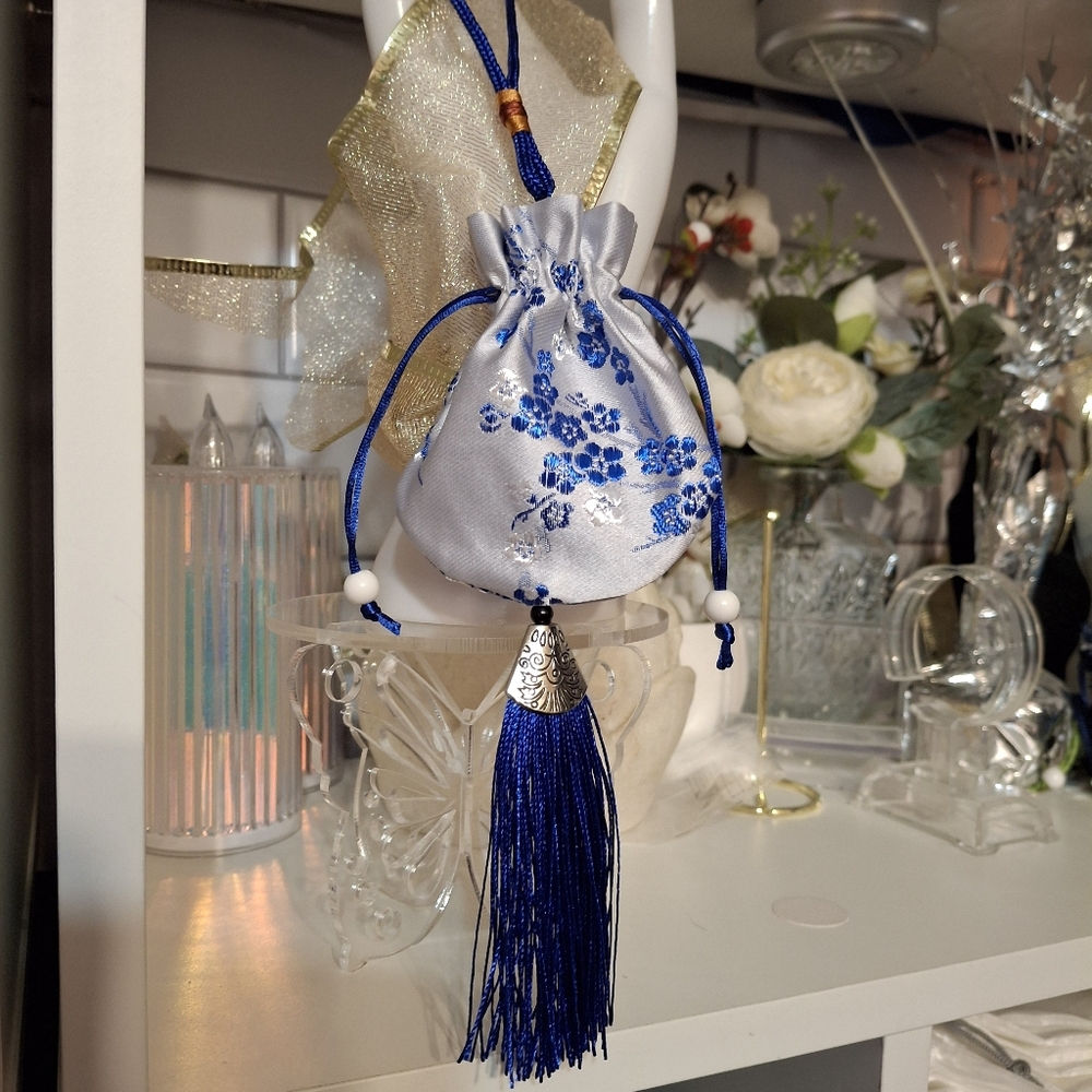 Sky Blue Silky Drawstring Pouch with Tassel Set Of 3 New